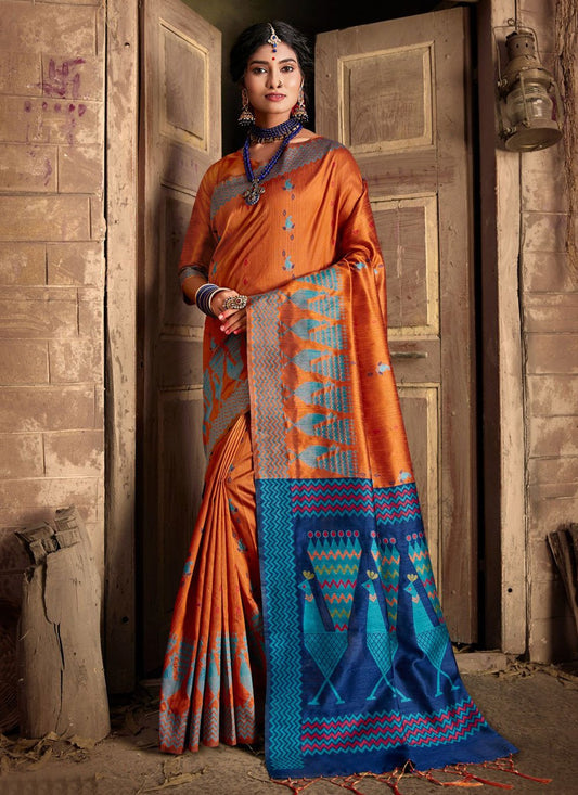 Designer Khadi Silk Orange Weaving Saree