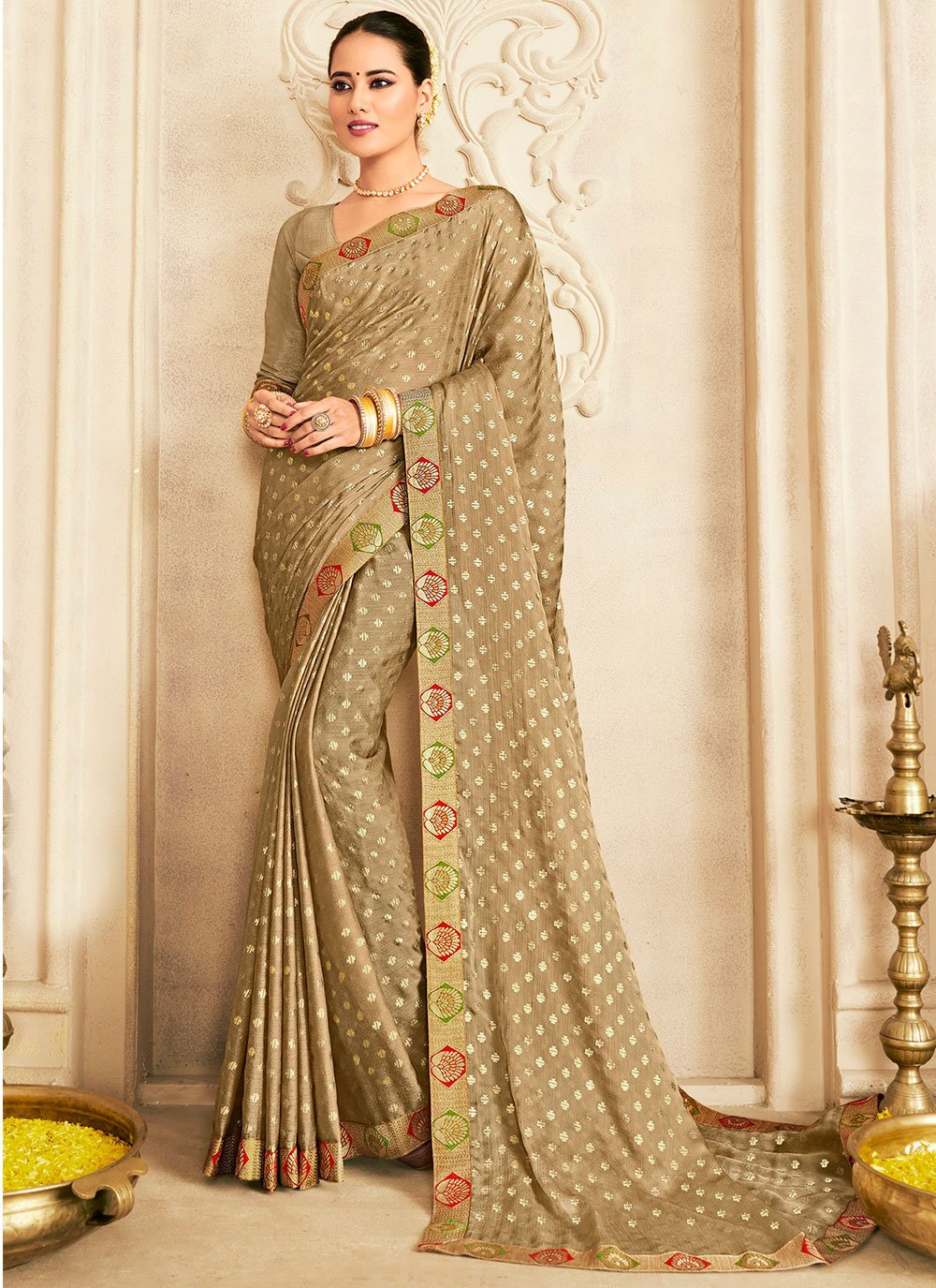 Contemporary Chiffon Silk Khaki Foil Print Saree