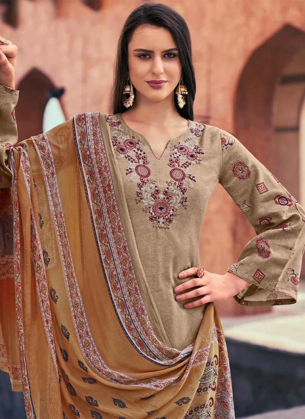 Salwar Suit Cotton Khaki Print Salwar Kameez