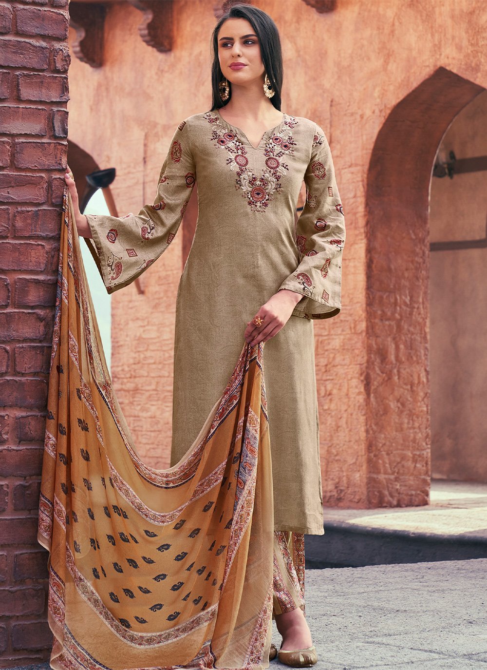 Salwar Suit Cotton Khaki Print Salwar Kameez