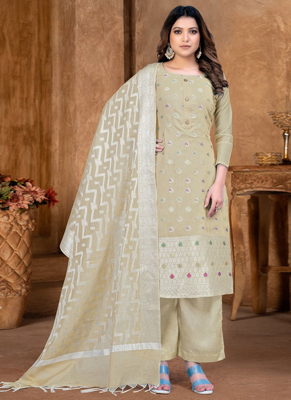 Salwar Suit Banarasi Jacquard Khaki Weaving Salwar Kameez