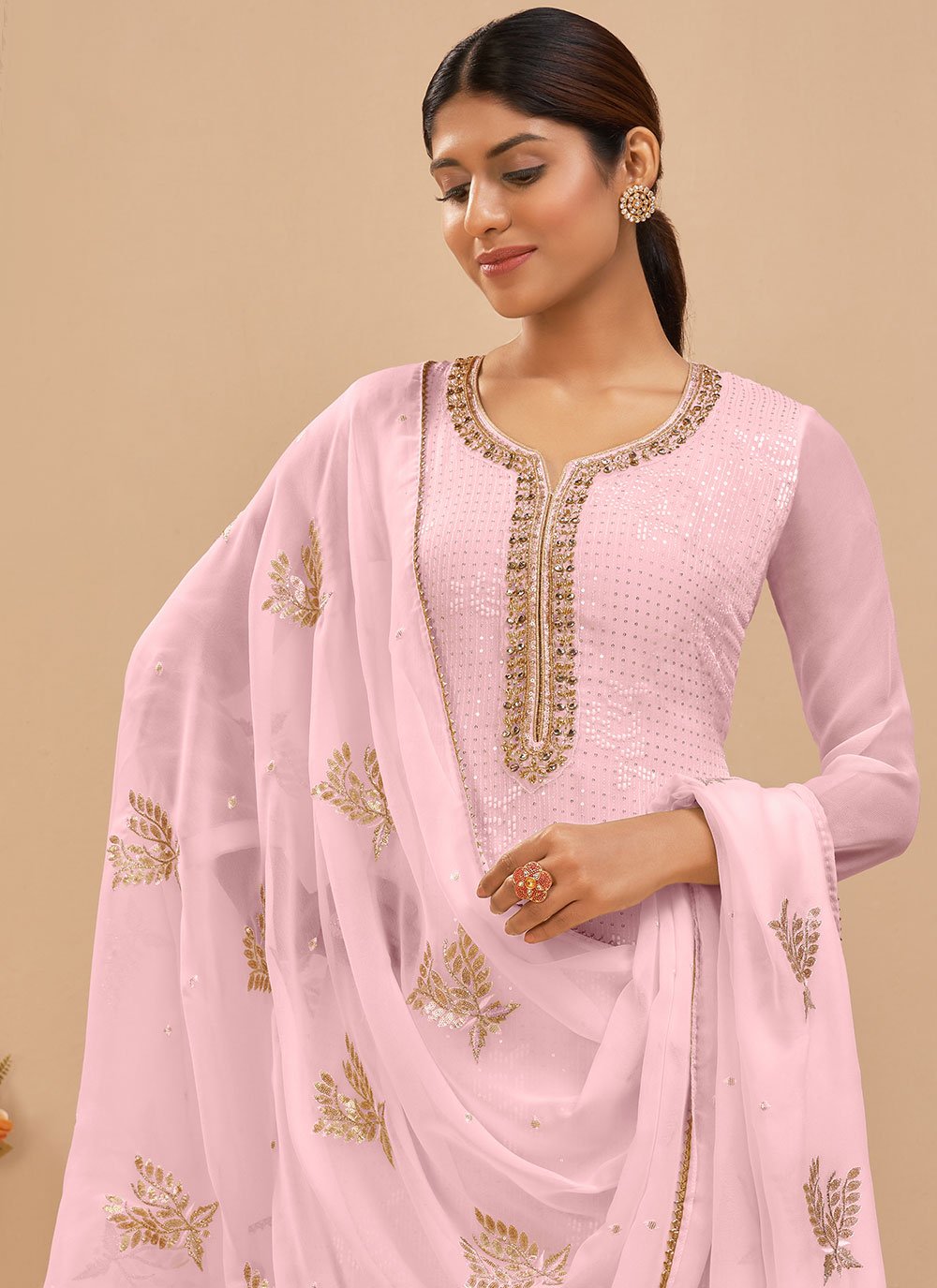 Floor Lenght Salwar Suit Georgette Lavender Embroidered Salwar Kameez