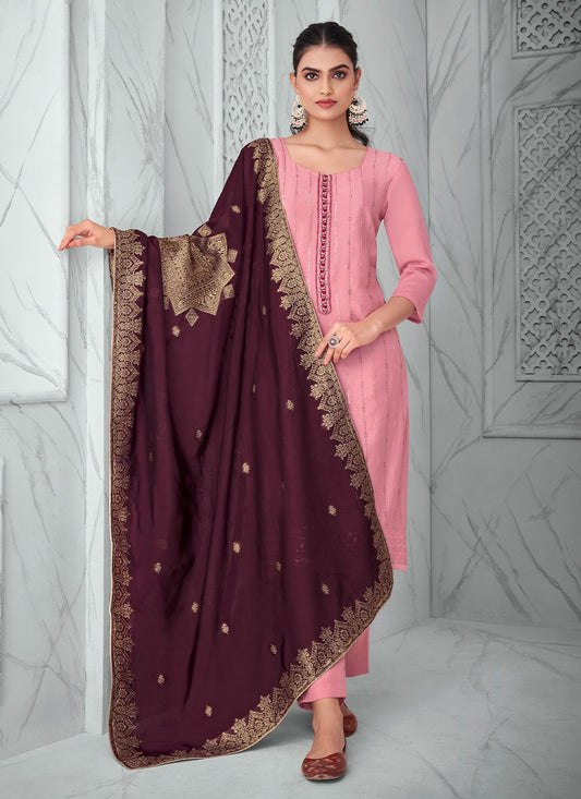 Pant Style Suit Chinon Pink Embroidered Salwar Kameez