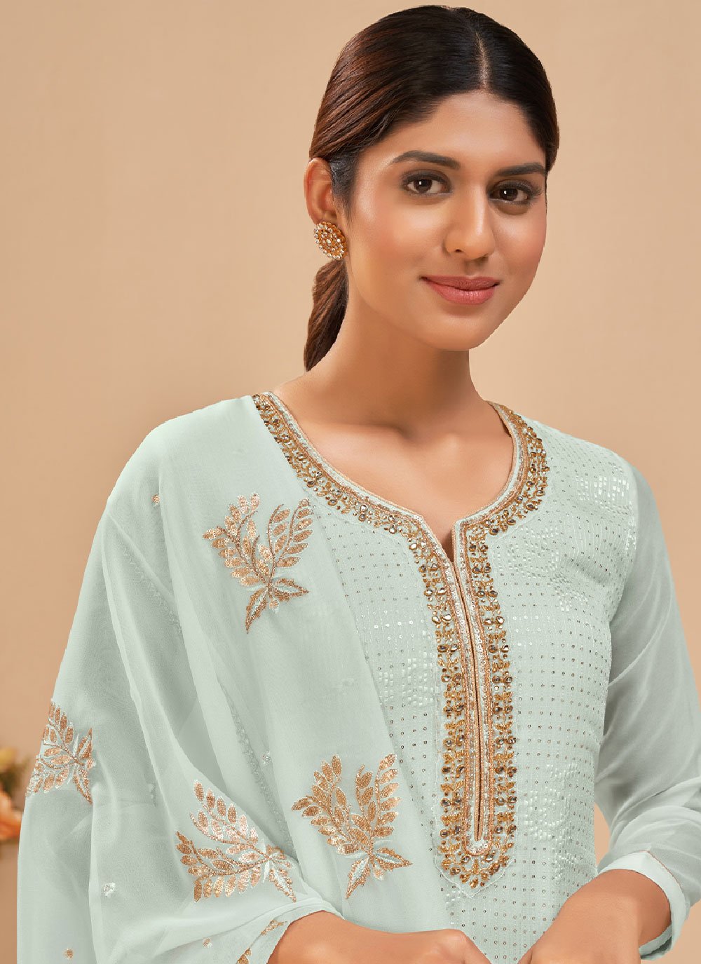 Salwar Suit Georgette Aqua Blue Embroidered Salwar Kameez