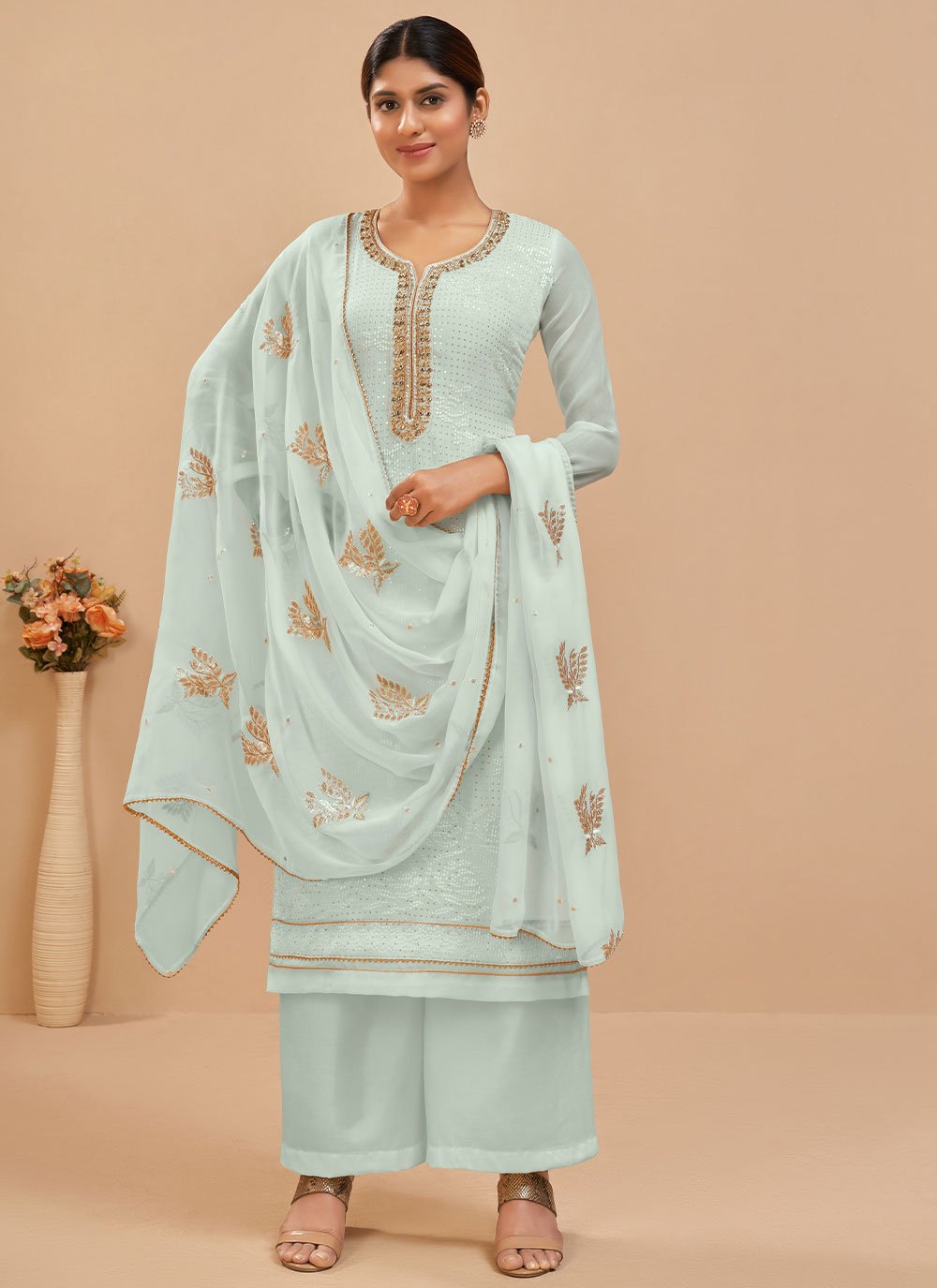 Salwar Suit Georgette Aqua Blue Embroidered Salwar Kameez