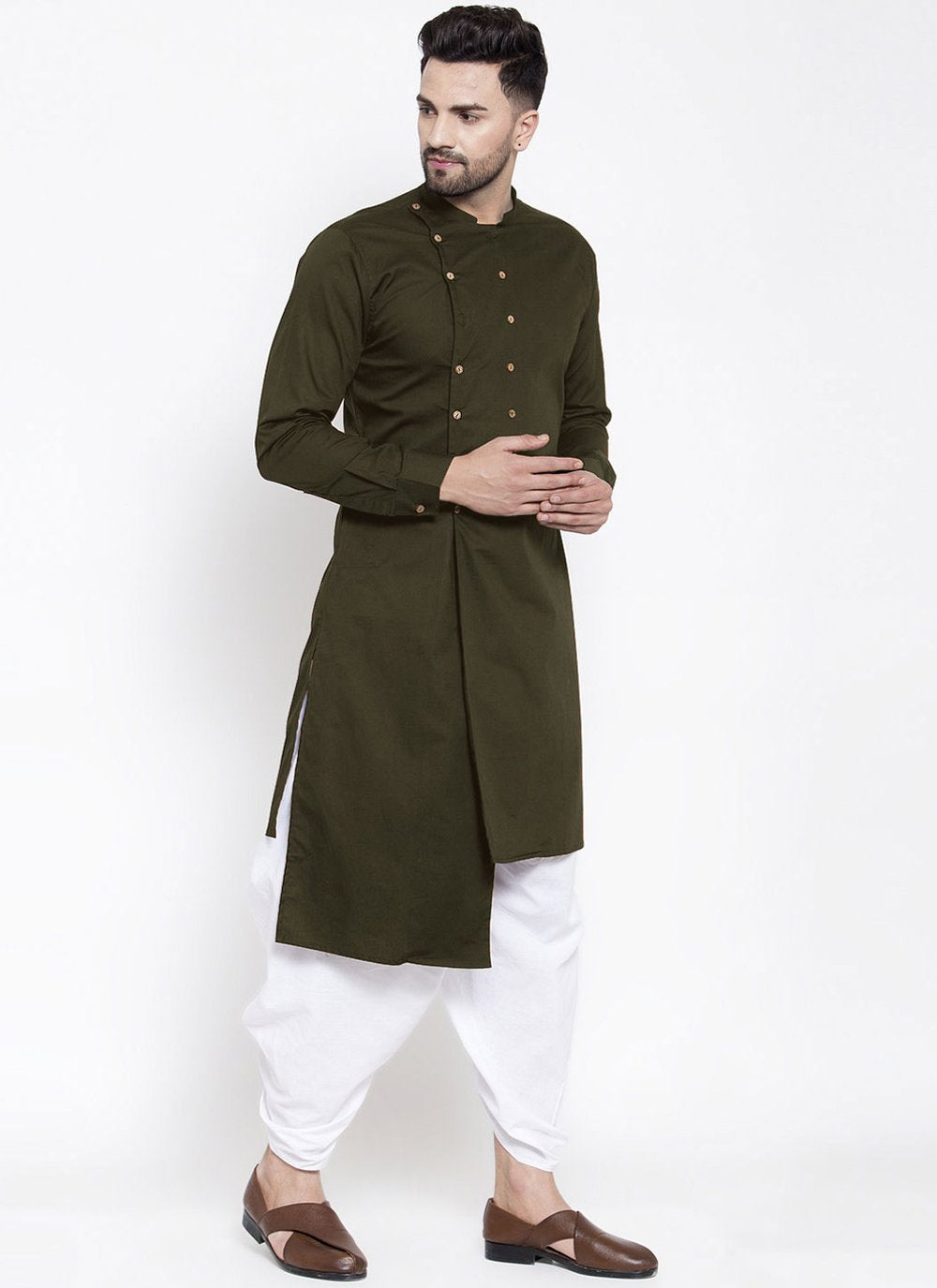 Kurta Blended Cotton Green Buttons Mens