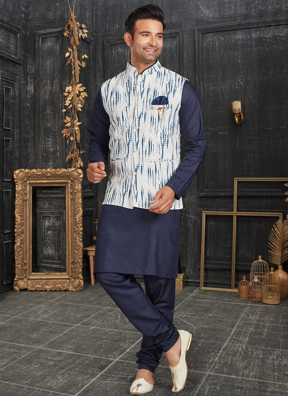 Kurta Payjama With Jacket Cotton Blue Off White Chicken Mens