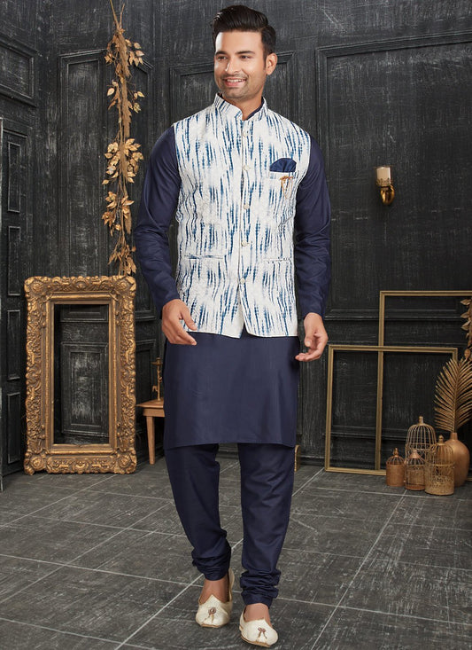 Kurta Payjama With Jacket Cotton Blue Off White Chicken Mens