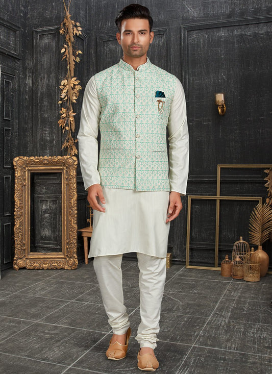 Kurta Payjama With Jacket Cotton Multi Colour Off White Chicken Mens