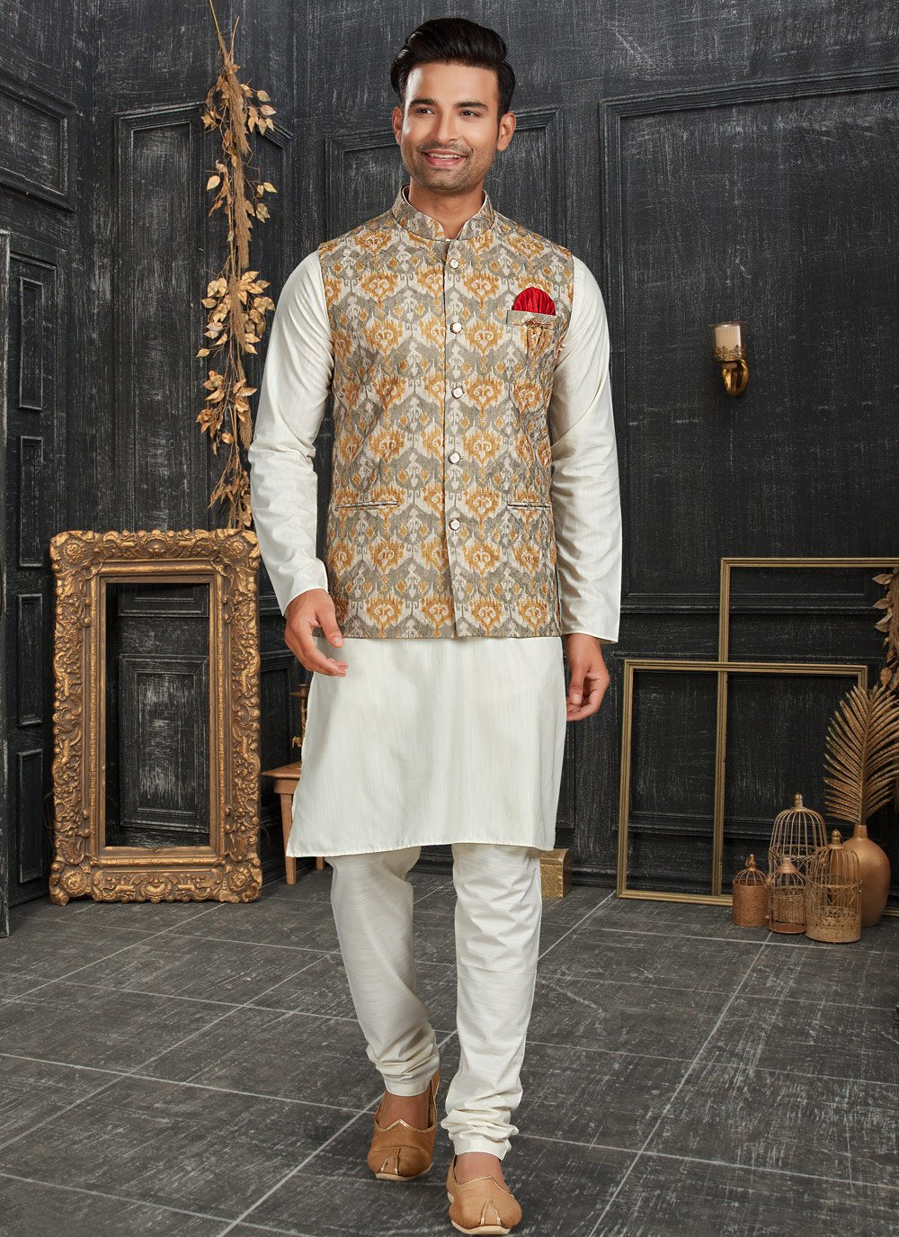 Kurta Payjama With Jacket Cotton Grey Off White Chicken Mens