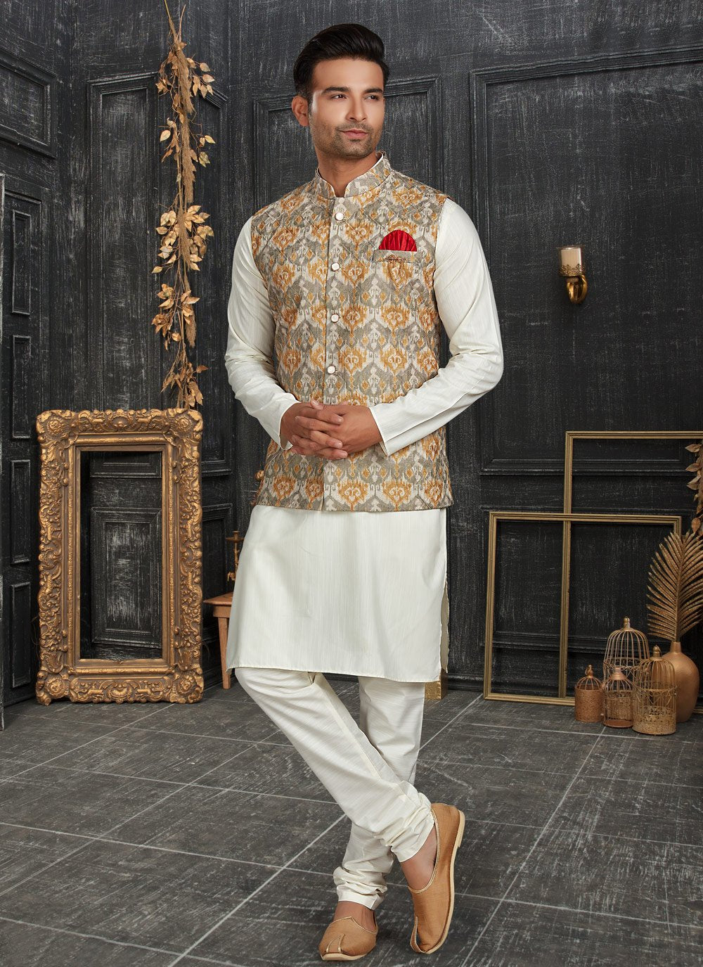 Kurta Payjama With Jacket Cotton Grey Off White Chicken Mens