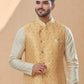 Kurta Payjama With Jacket Dupion Silk Jacquard Beige Orange Digital Print Mens