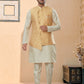 Kurta Payjama With Jacket Dupion Silk Jacquard Beige Orange Digital Print Mens