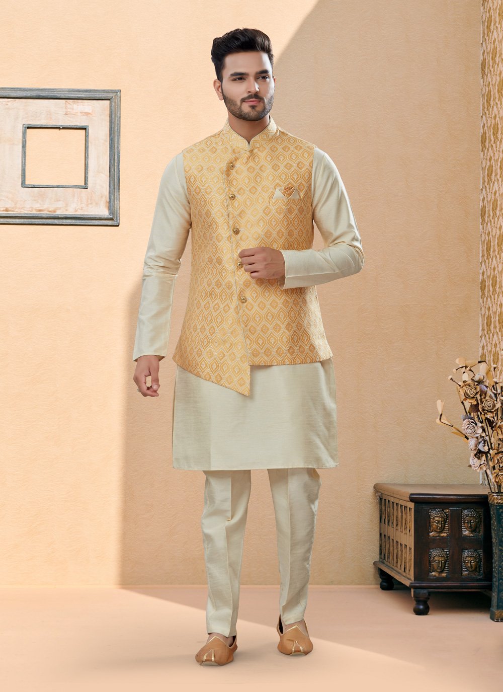 Kurta Payjama With Jacket Dupion Silk Jacquard Beige Orange Digital Print Mens