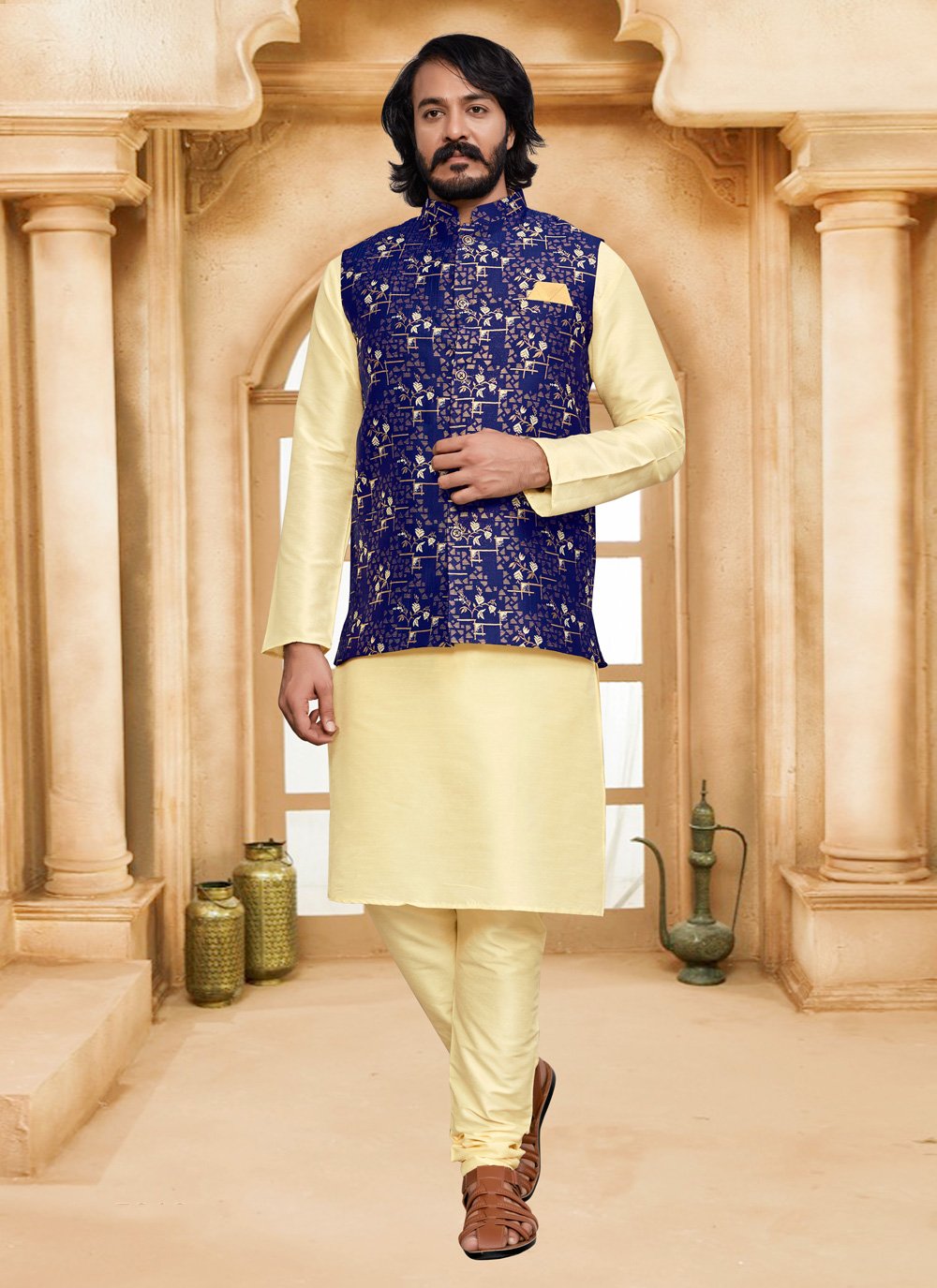 Kurta Payjama With Jacket Art Silk Jacquard Blue Cream Digital Print Mens