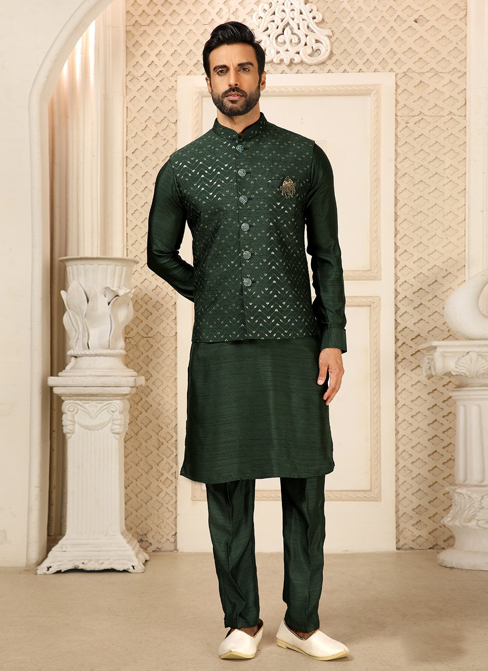 Kurta Payjama With Jacket Art Banarasi Silk Green Embroidered Mens