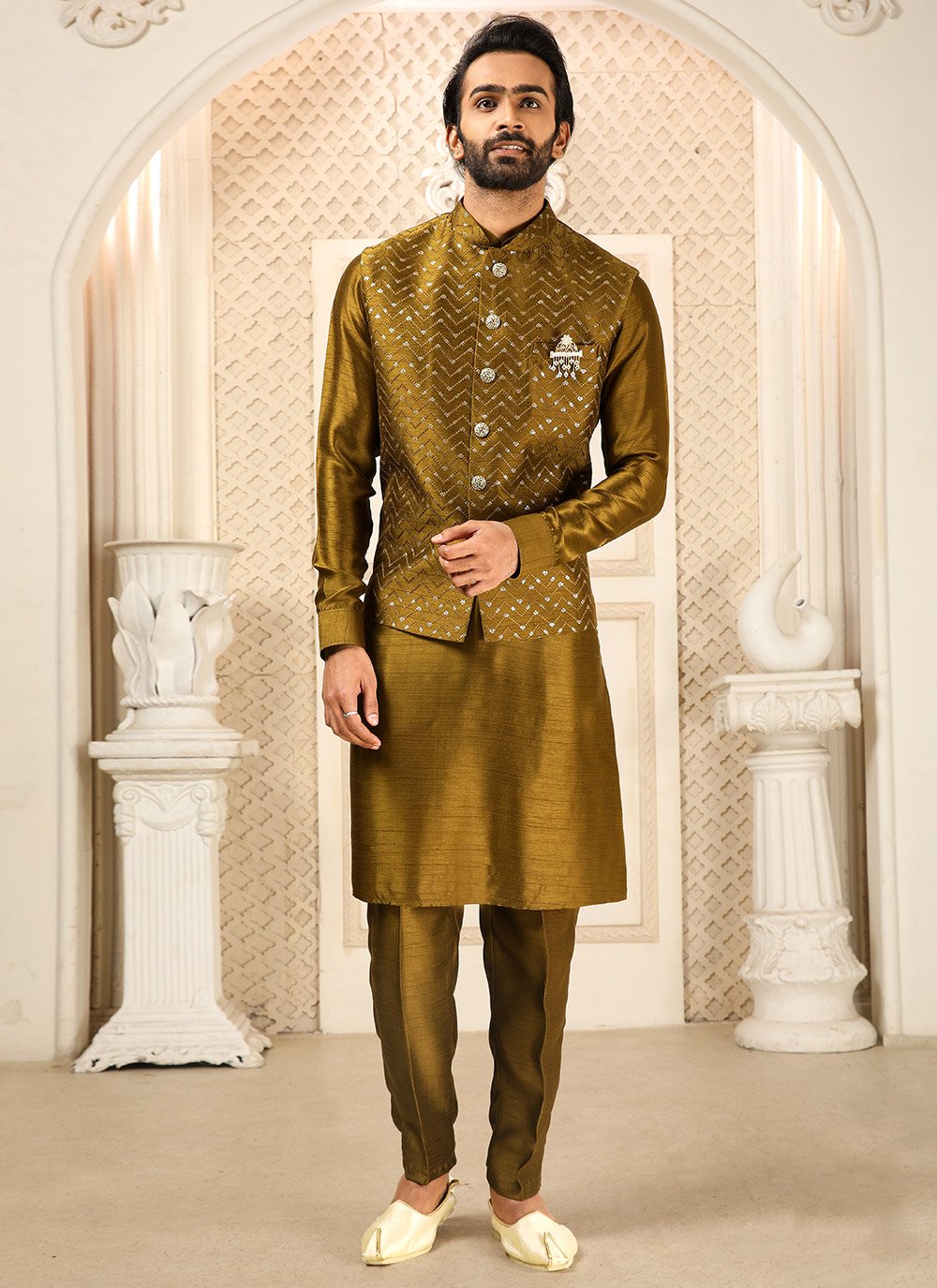 Kurta Payjama With Jacket Art Banarasi Silk Mustard Embroidered Mens