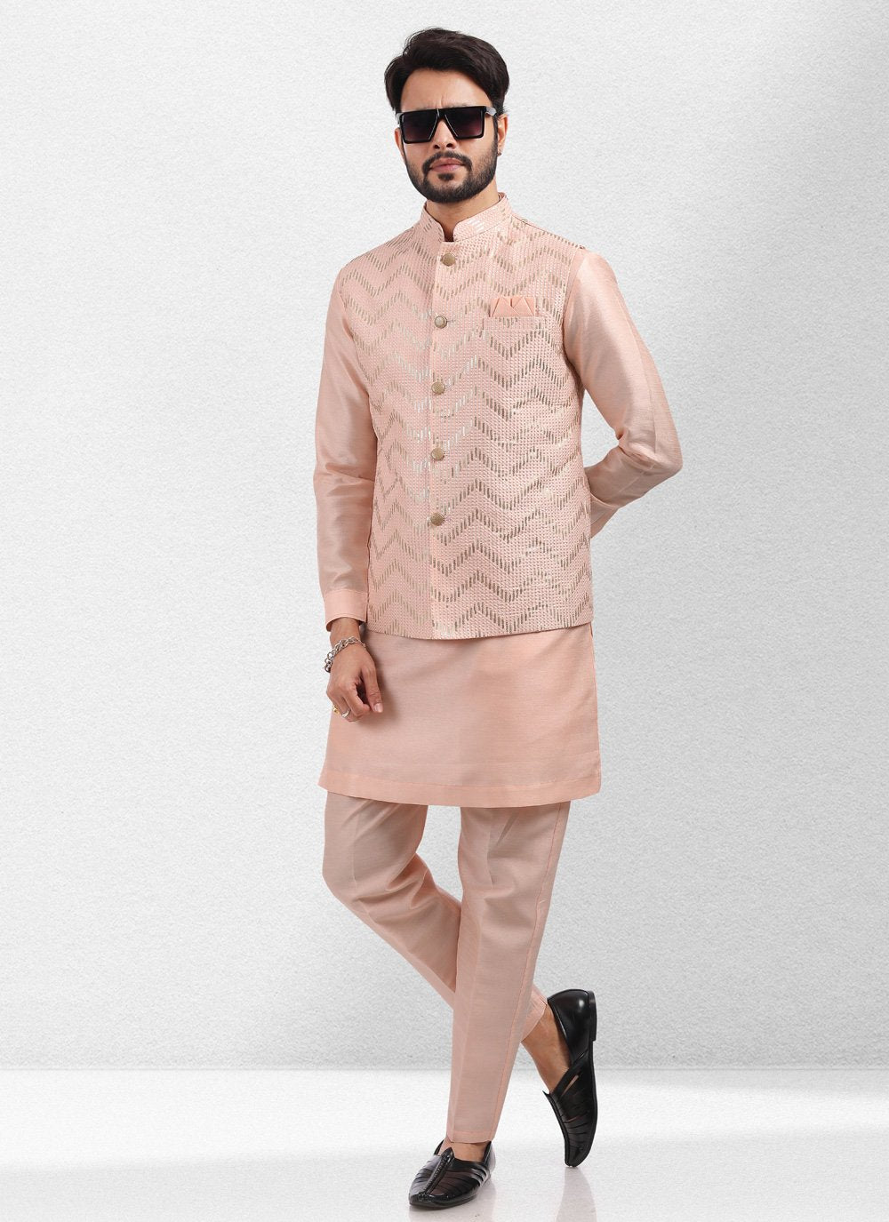 Kurta Payjama With Jacket Art Banarasi Silk Peach Embroidered Mens