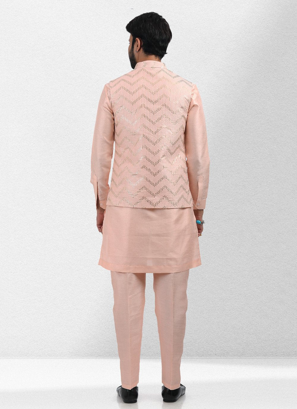 Kurta Payjama With Jacket Art Banarasi Silk Peach Embroidered Mens