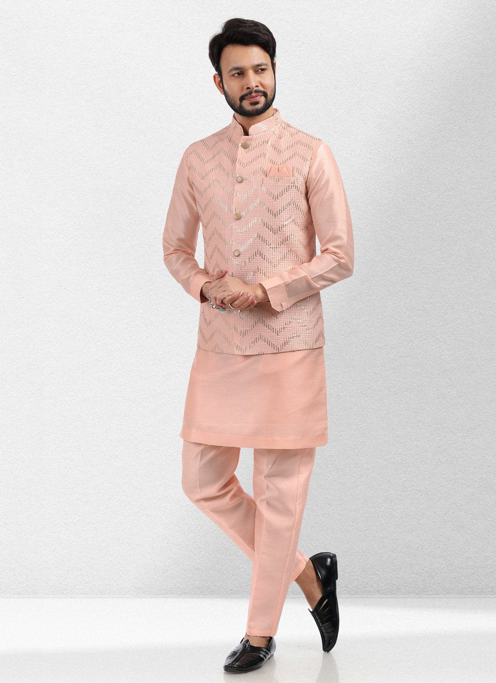 Kurta Payjama With Jacket Art Banarasi Silk Peach Embroidered Mens