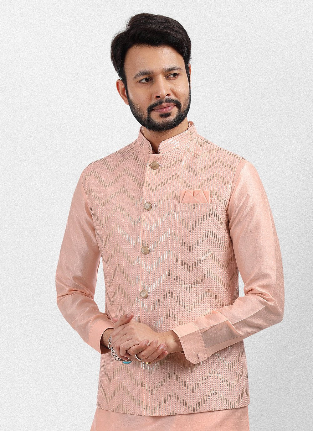 Kurta Payjama With Jacket Art Banarasi Silk Peach Embroidered Mens