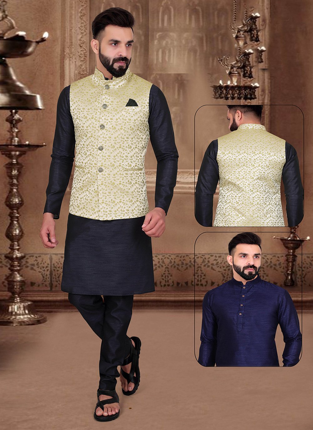 Kurta Payjama With Jacket Jacquard Blue Cream Embroidered Mens