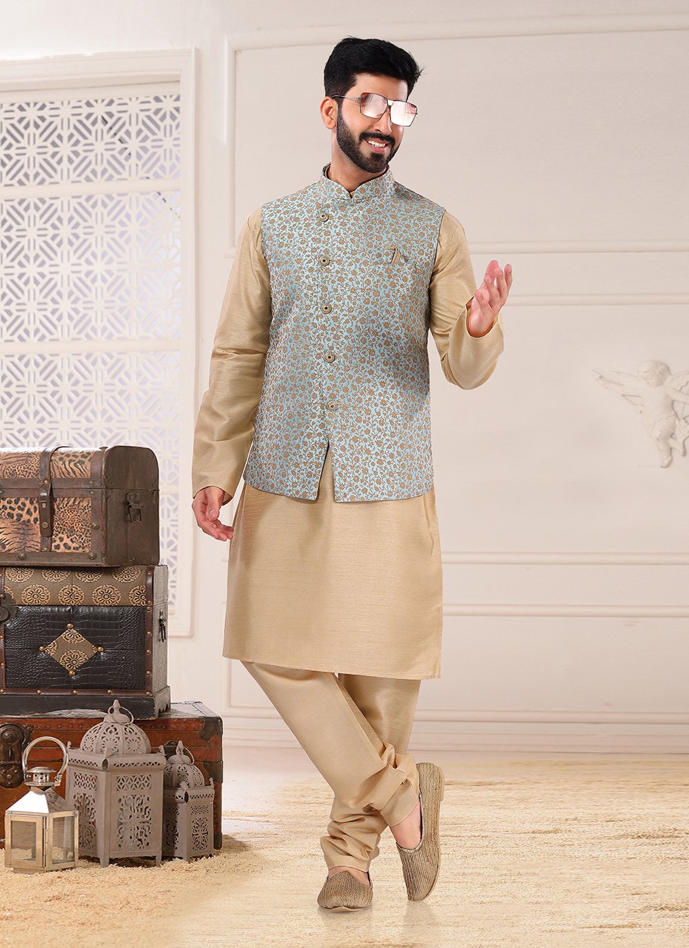 Kurta Payjama With Jacket Silk Beige Turquoise Embroidered Mens