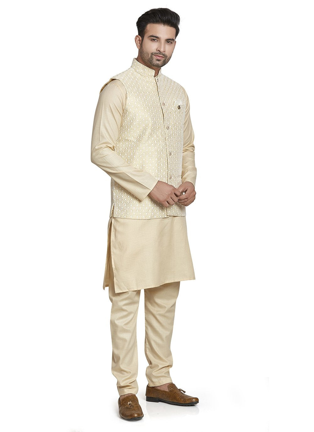 Kurta Payjama With Jacket Silk Cream Embroidered Mens