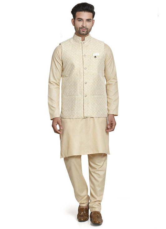 Kurta Payjama With Jacket Silk Cream Embroidered Mens