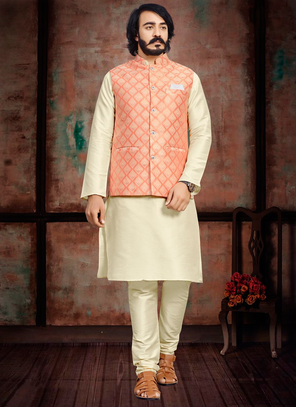 Kurta Payjama With Jacket Art Silk Jacquard Cream Orange Fancy Work Mens