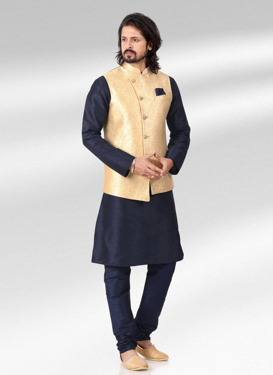 Kurta Payjama With Jacket Banarasi Jacquard Blue Cream Fancy Work Mens