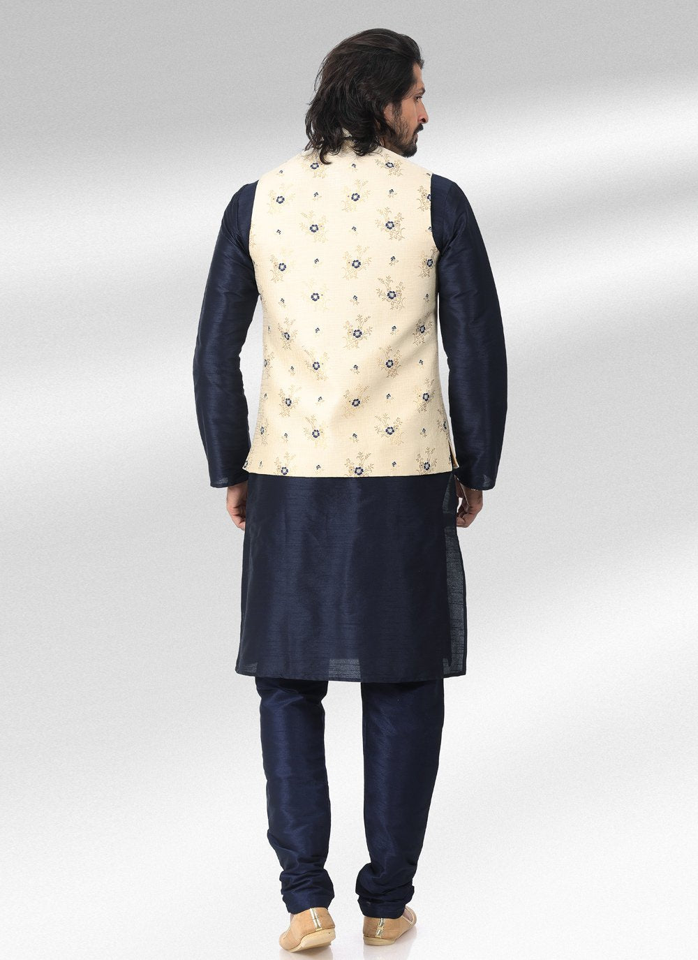 Kurta Payjama With Jacket Banarasi Jacquard Blue Cream Fancy Work Mens