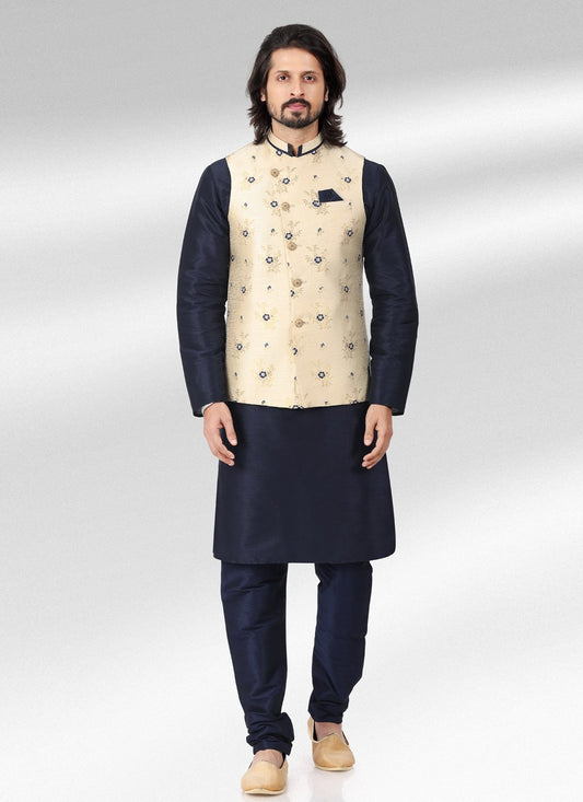 Kurta Payjama With Jacket Banarasi Jacquard Blue Cream Fancy Work Mens