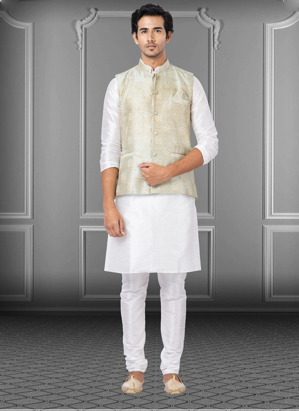 Kurta Payjama With Jacket Dupion Silk Green Off White Fancy Work Mens