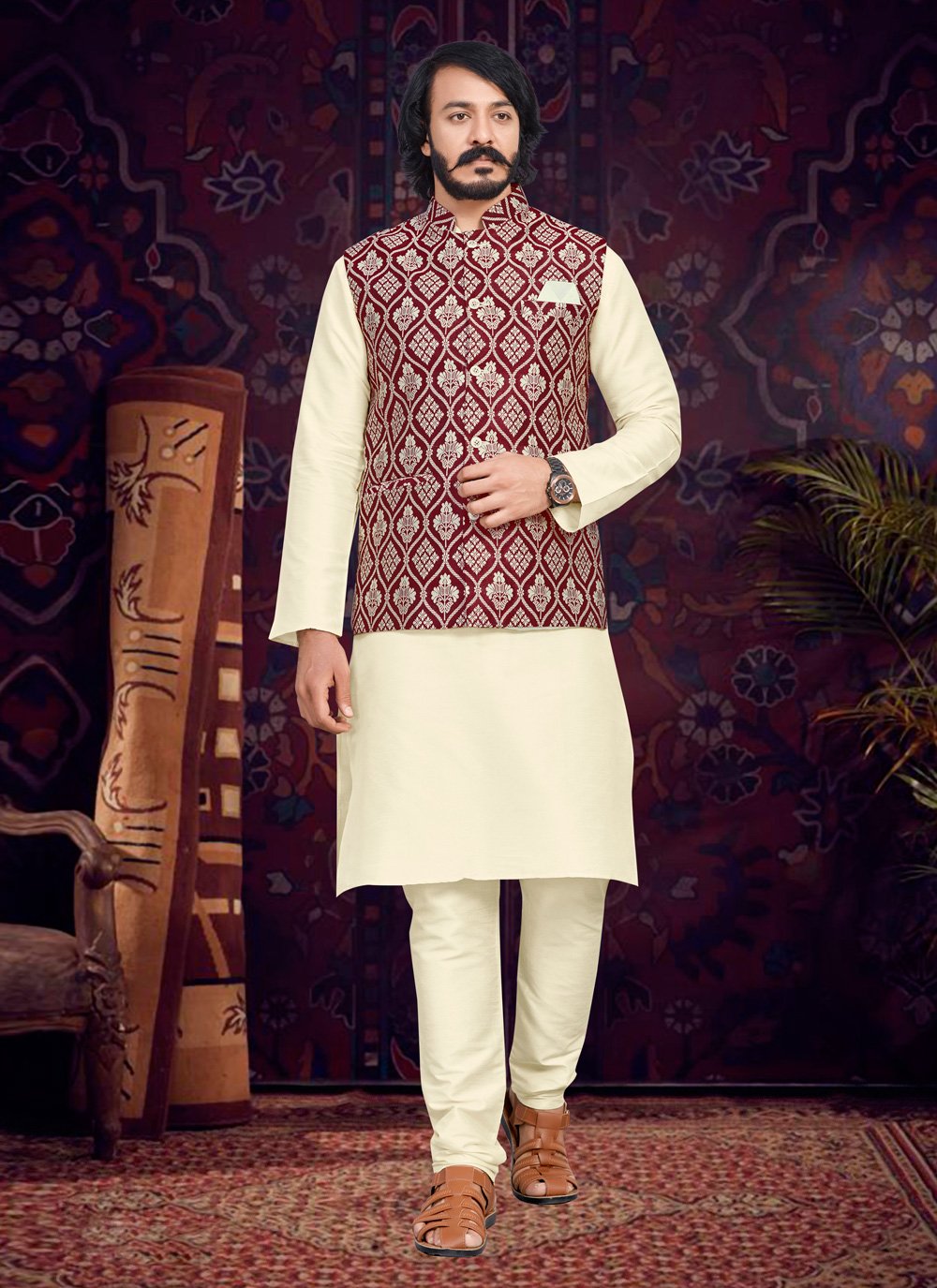 Kurta Payjama With Jacket Art Silk Jacquard Cream Maroon Fancy Work Mens