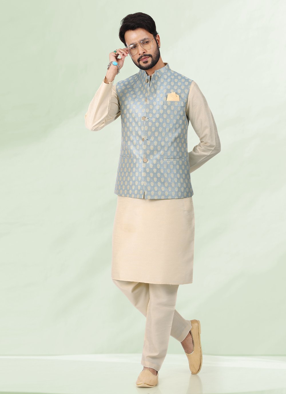 Kurta Payjama With Jacket Banarasi Silk Jacquard Cream Grey Jacquard Work Mens
