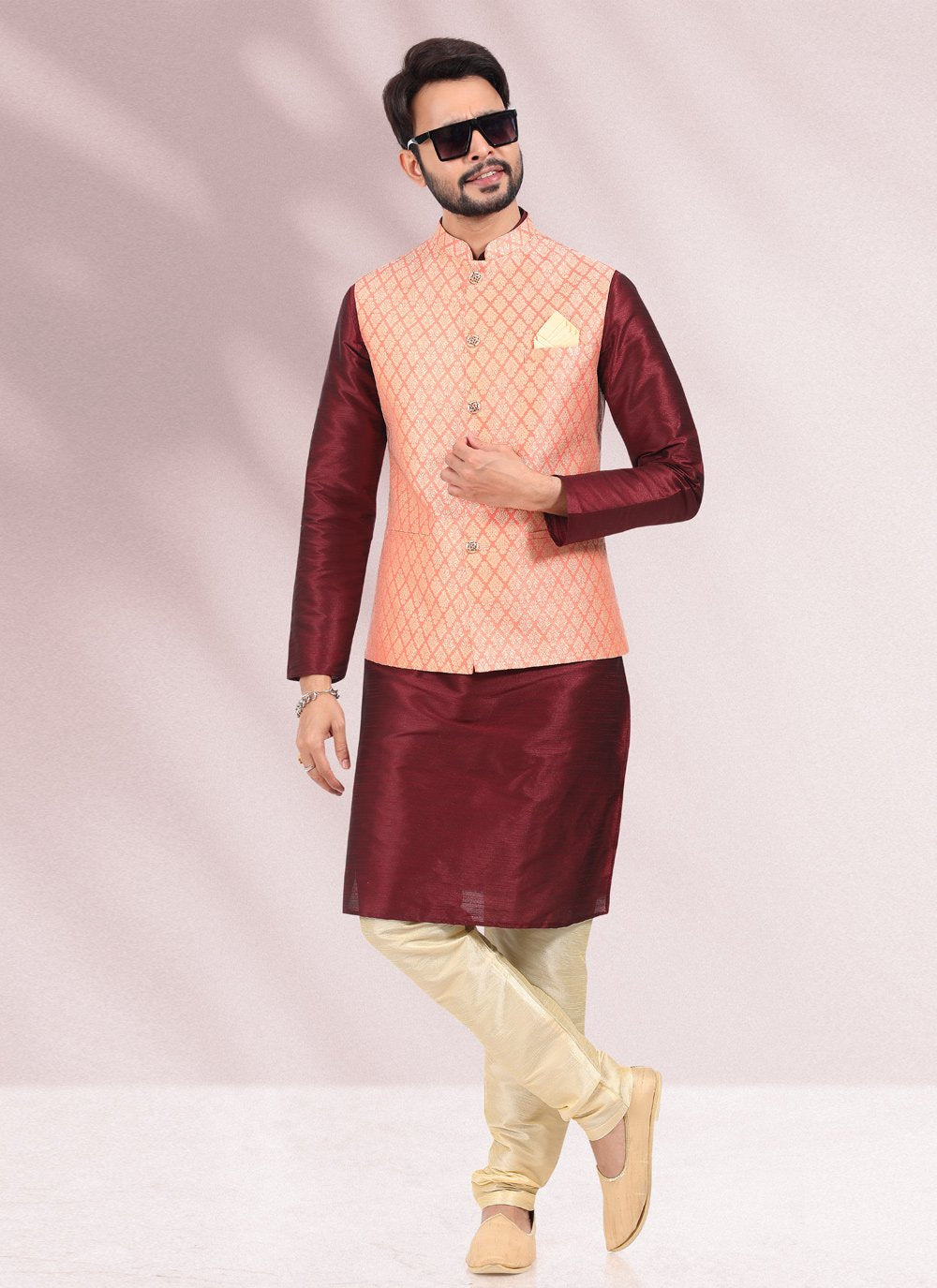 Kurta Payjama With Jacket Banarasi Silk Jacquard Maroon Peach Jacquard Work Mens