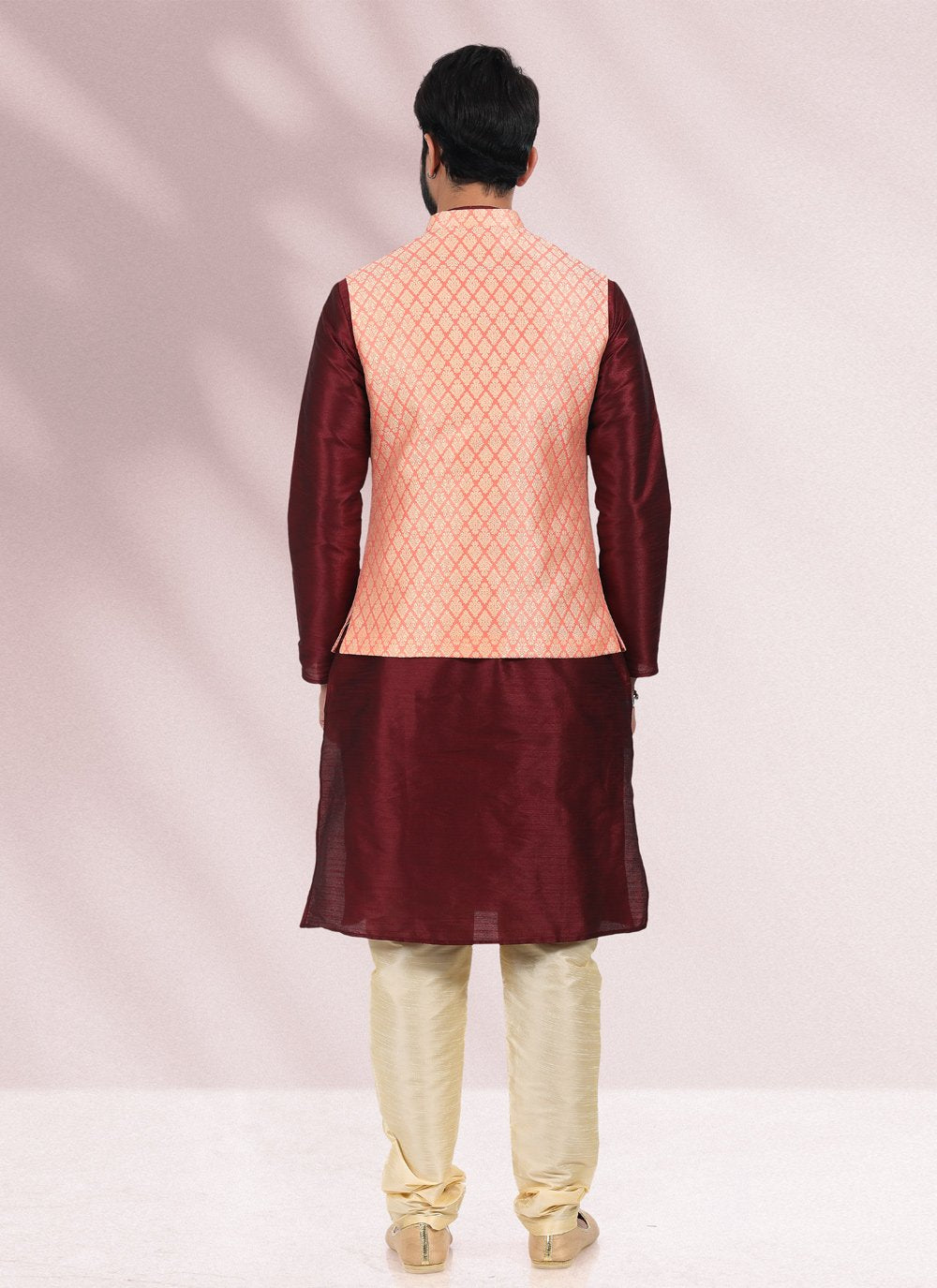 Kurta Payjama With Jacket Banarasi Silk Jacquard Maroon Peach Jacquard Work Mens