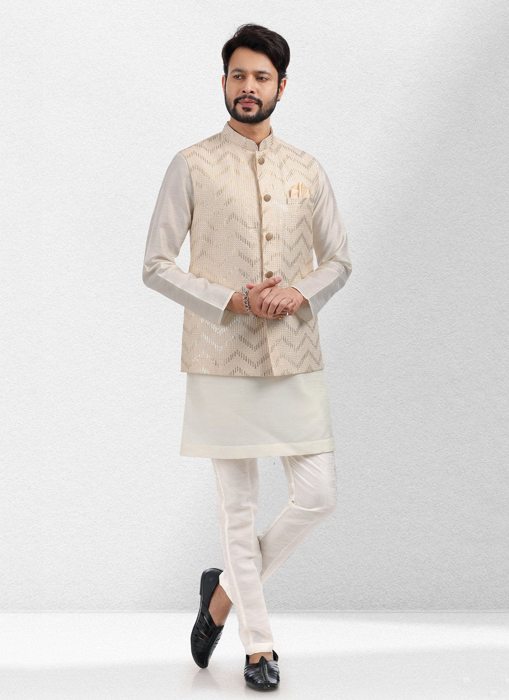 Kurta Payjama With Jacket Art Banarasi Silk Cream Embroidered Mens