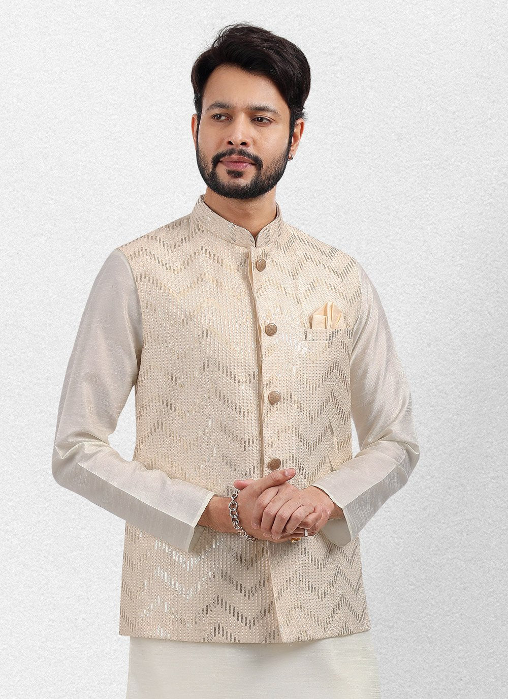 Kurta Payjama With Jacket Art Banarasi Silk Cream Embroidered Mens