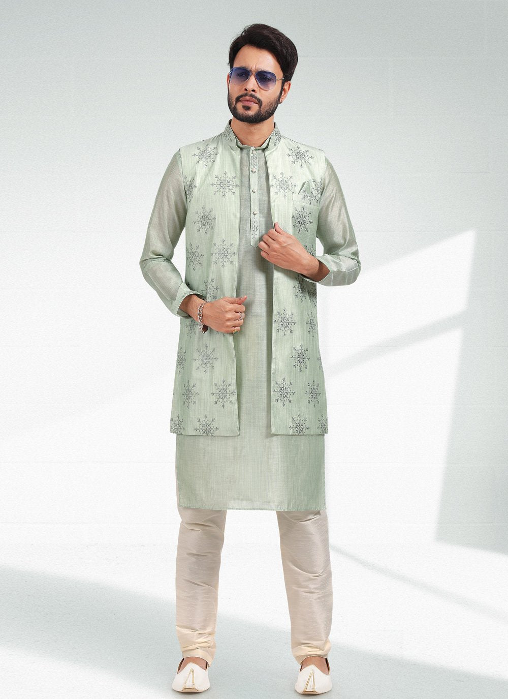 Kurta Payjama With Jacket Art Banarasi Silk Green Thread Mens
