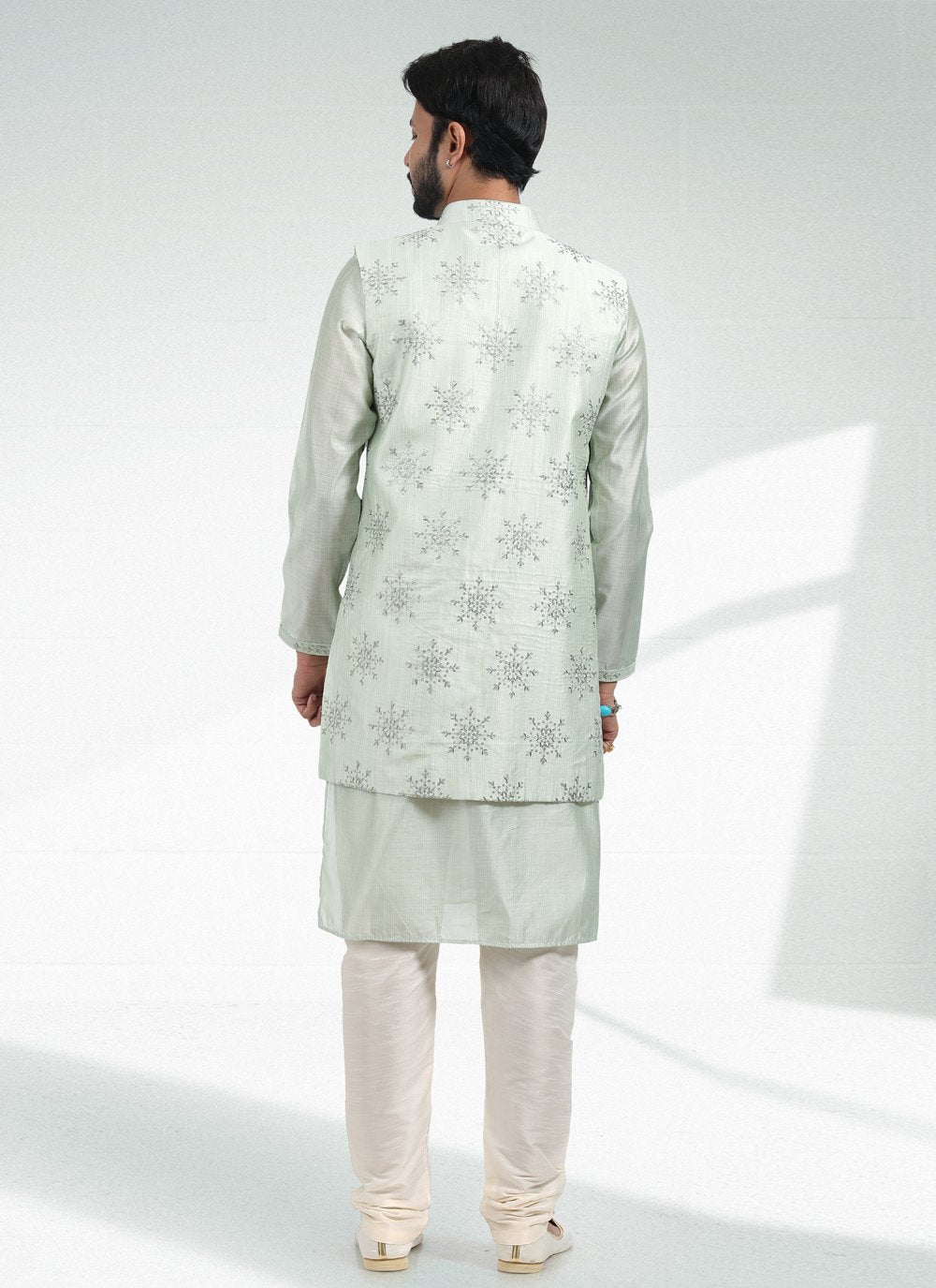 Kurta Payjama With Jacket Art Banarasi Silk Green Thread Mens