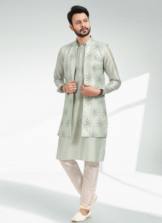 Kurta Payjama With Jacket Art Banarasi Silk Green Thread Mens