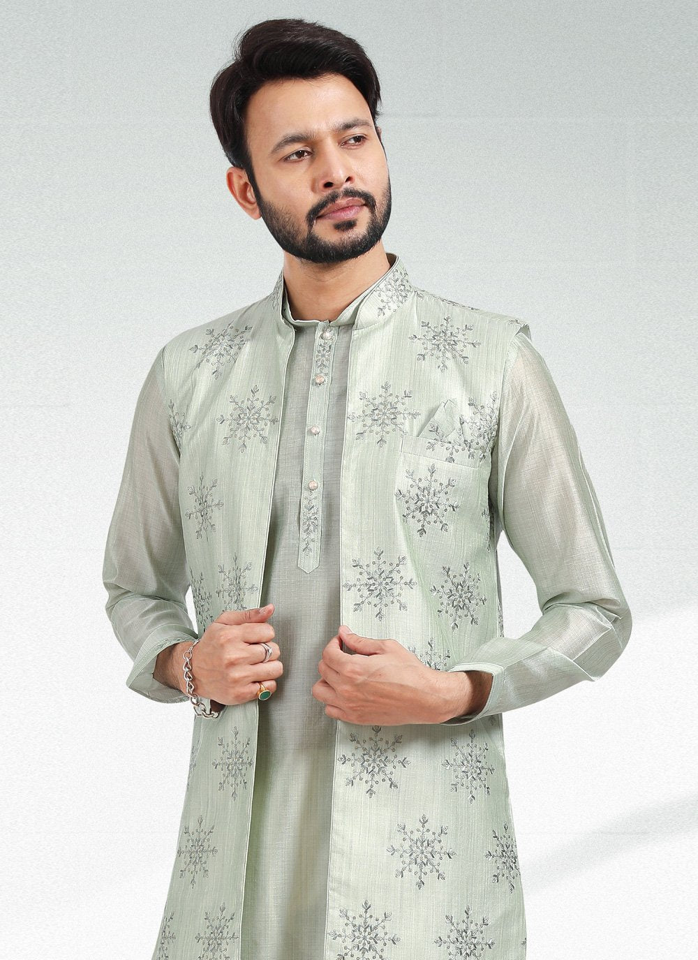 Kurta Payjama With Jacket Art Banarasi Silk Green Thread Mens