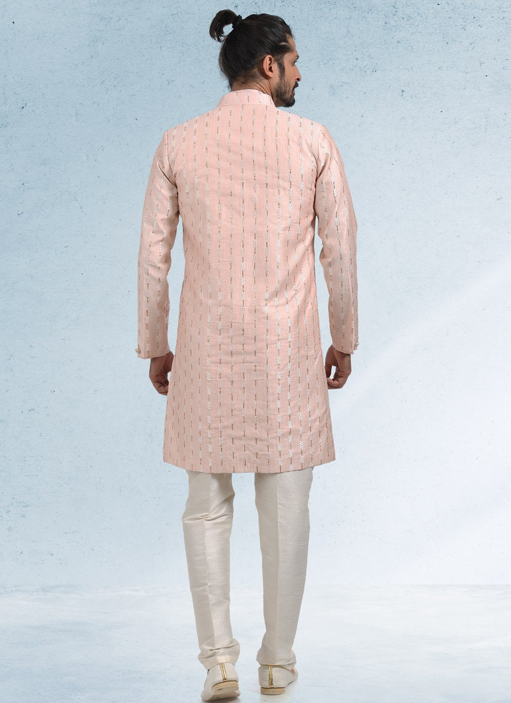 Kurta Payjama With Jacket Art Banarasi Silk Peach Thread Mens