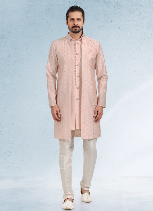 Kurta Payjama With Jacket Art Banarasi Silk Peach Thread Mens