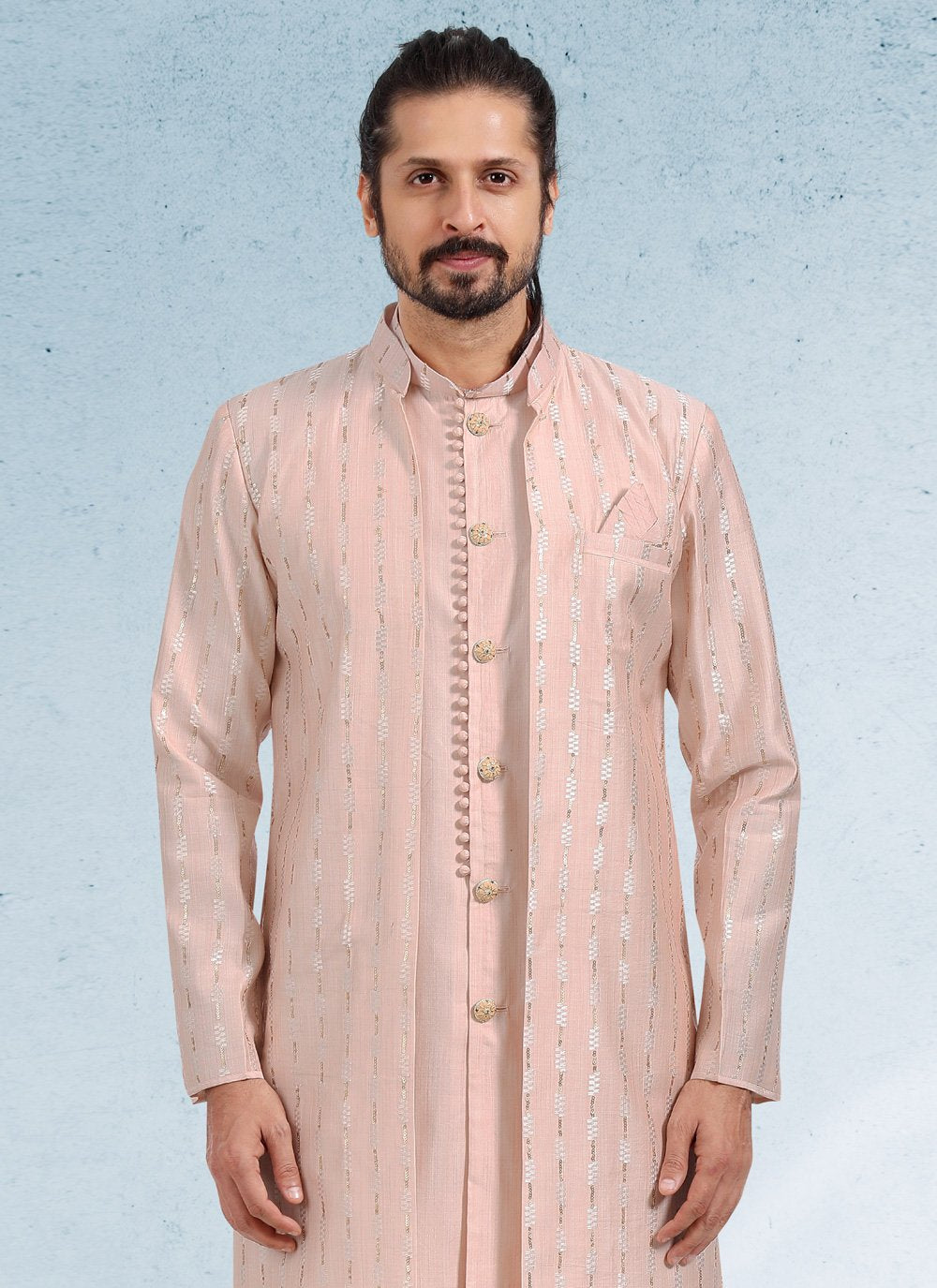 Kurta Payjama With Jacket Art Banarasi Silk Peach Thread Mens