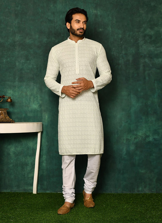 Kurta Pyjama Cotton Sea Green Chikankari Work Mens