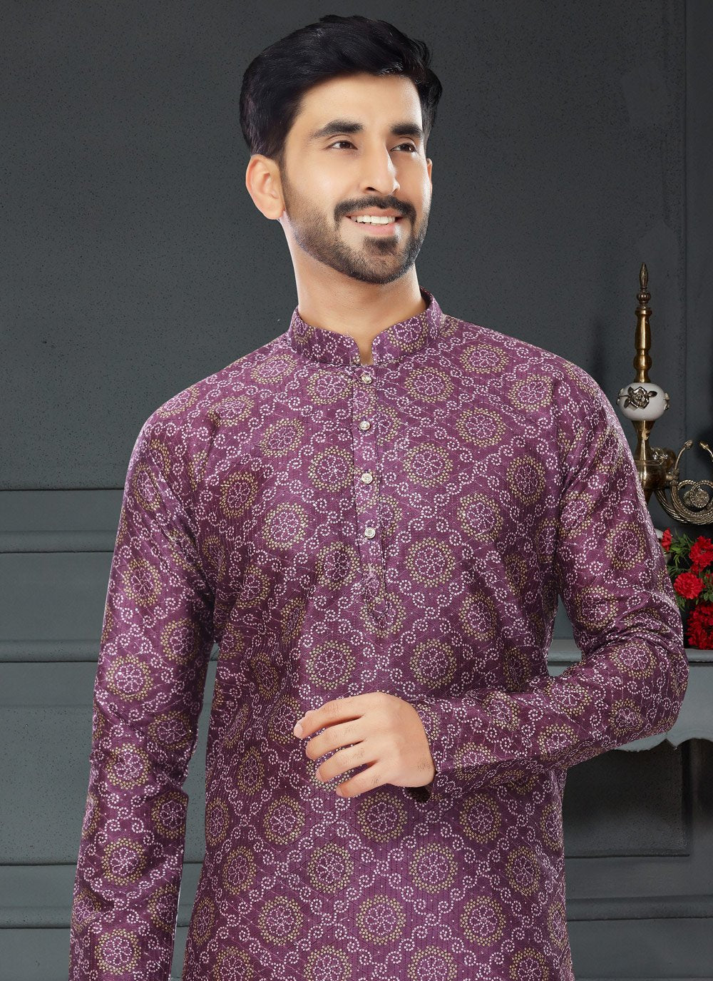 Kurta Pyjama Silk Purple Digital Print Mens