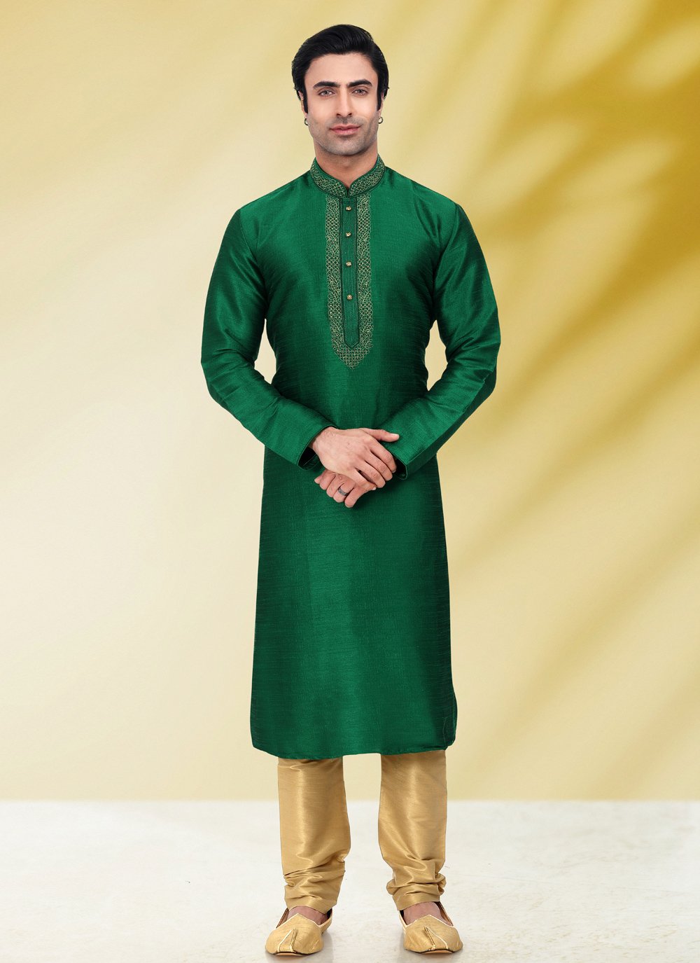 Kurta Pyjama Art Banarasi Silk Green Embroidered Mens